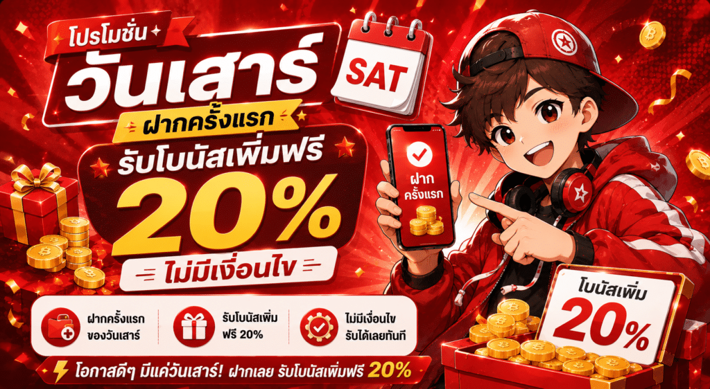 โปรโมชันวันเสาร์ฝากครั้งแรก รับโบนัสเพิ่มฟรี 20% ไม่มีเงื่อนไข
